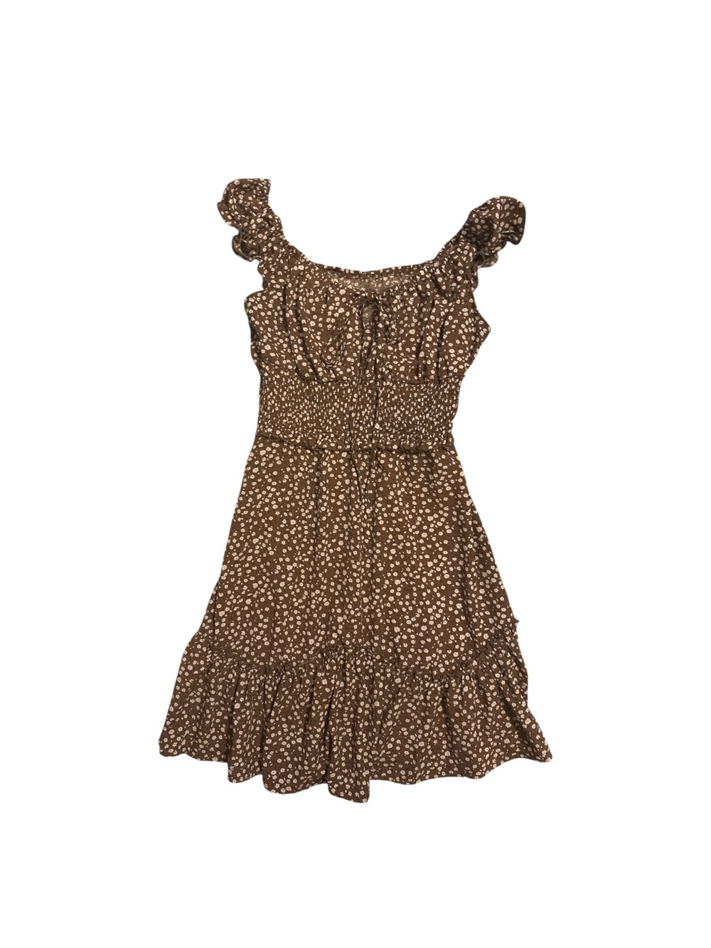 Brown Floral Ruffle Mini Dress with Smocked Bodice